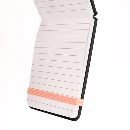 Notebook with lined pages and a black border on a white background