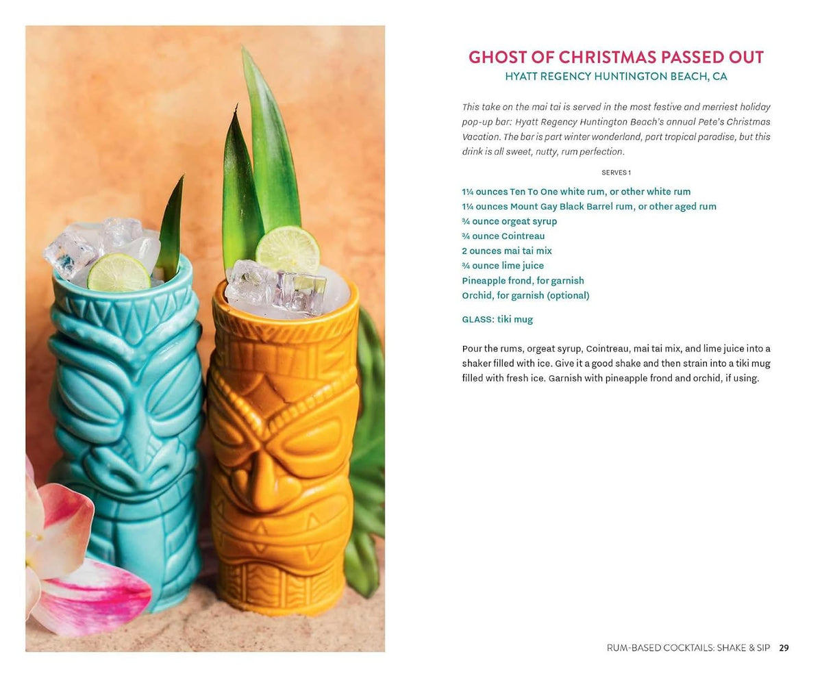 Two colorful tiki mugs with drinks and garnishes on a textured surface.