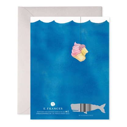 Card with a colorful ice cream cone and envelope on a blue watercolor background, featuring E. Frances branding.