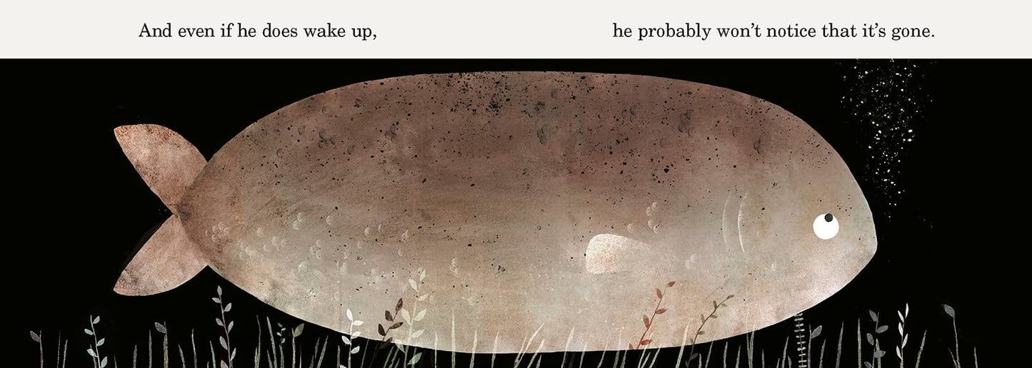 Illustration of a large, beige-colored creature with text above it on a black background.