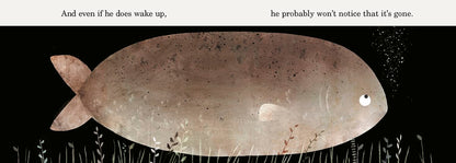 Illustration of a large, beige-colored creature with text above it on a black background.