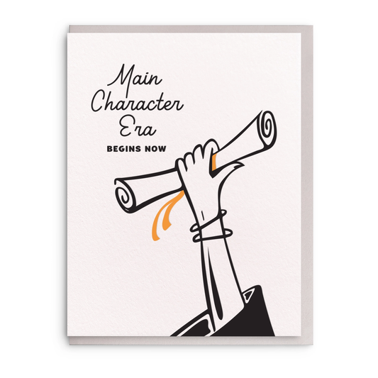Card with a hand holding a scroll and text 'Main Character Era Begins Now' on a white background