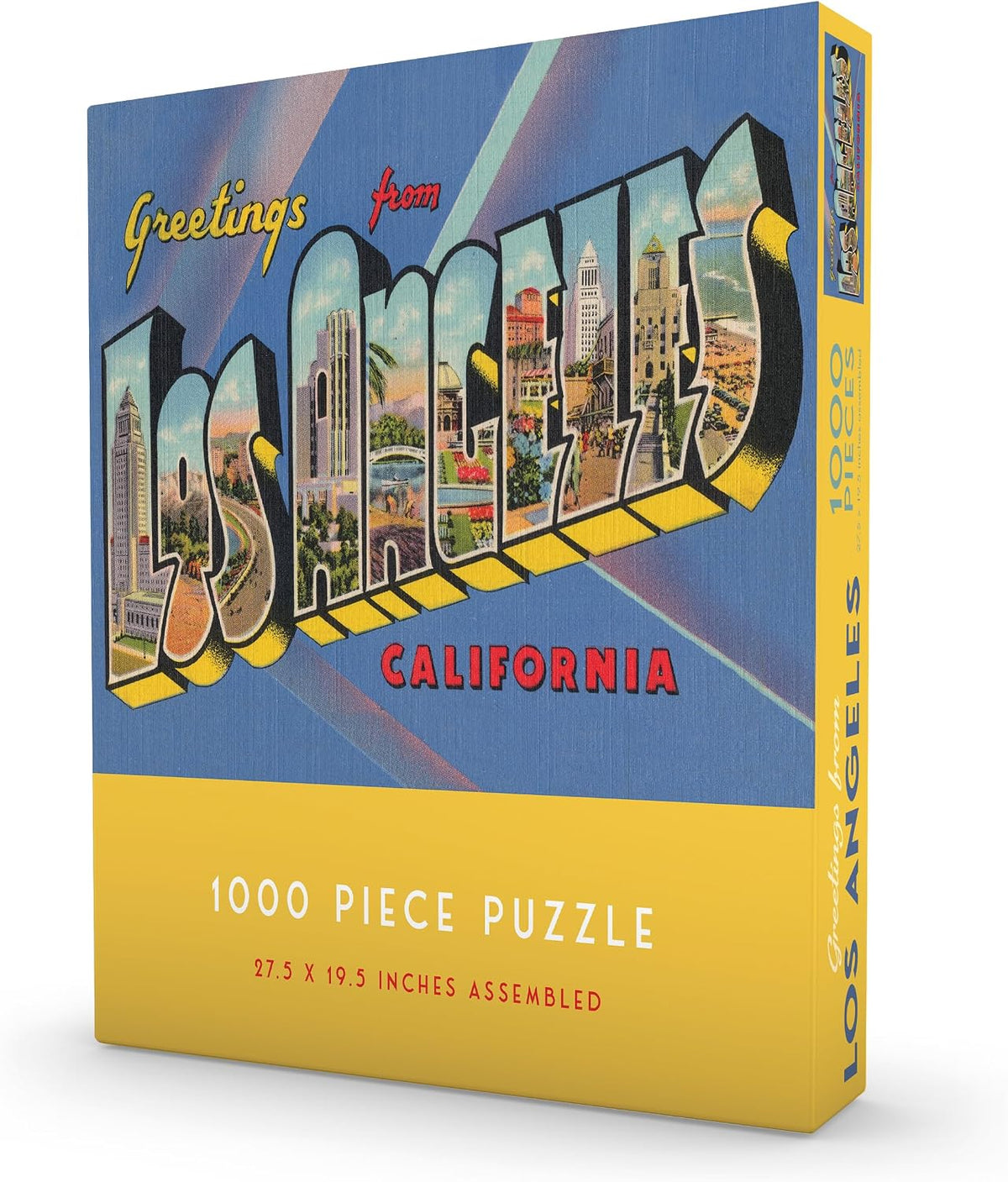 A 1000-piece jigsaw puzzle box featuring a retro 'Greetings from Los Angeles, California' postcard-style design. The box is blue on top with large stylized letters filled with city scenes, and a yellow band on the bottom with white text reading '1000 PIECE PUZZLE' and '8.