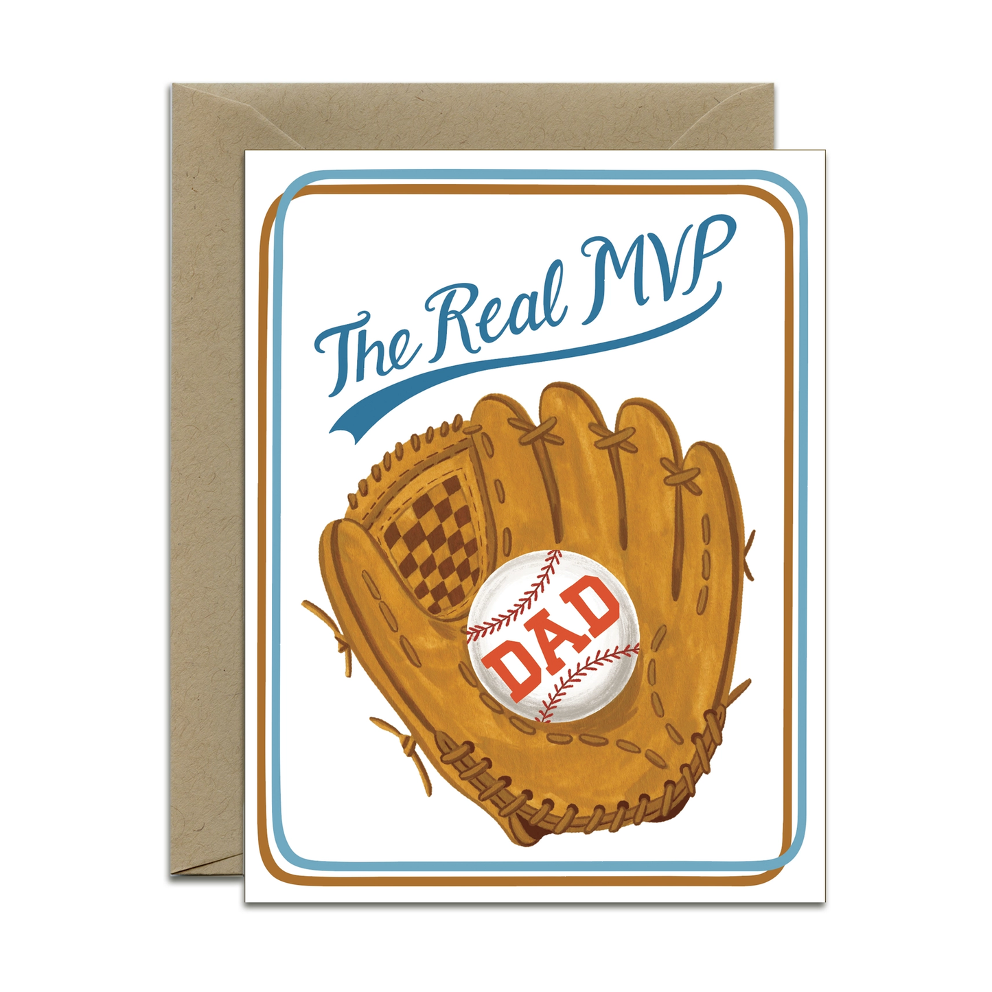 Greeting card with a baseball glove and ball featuring 'DAD' text, set against a white background.