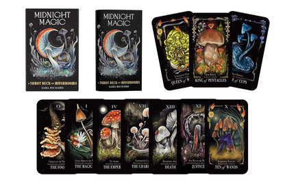 Collection of 'Midnight Magic' tarot cards with mushroom-themed artwork on a white background.