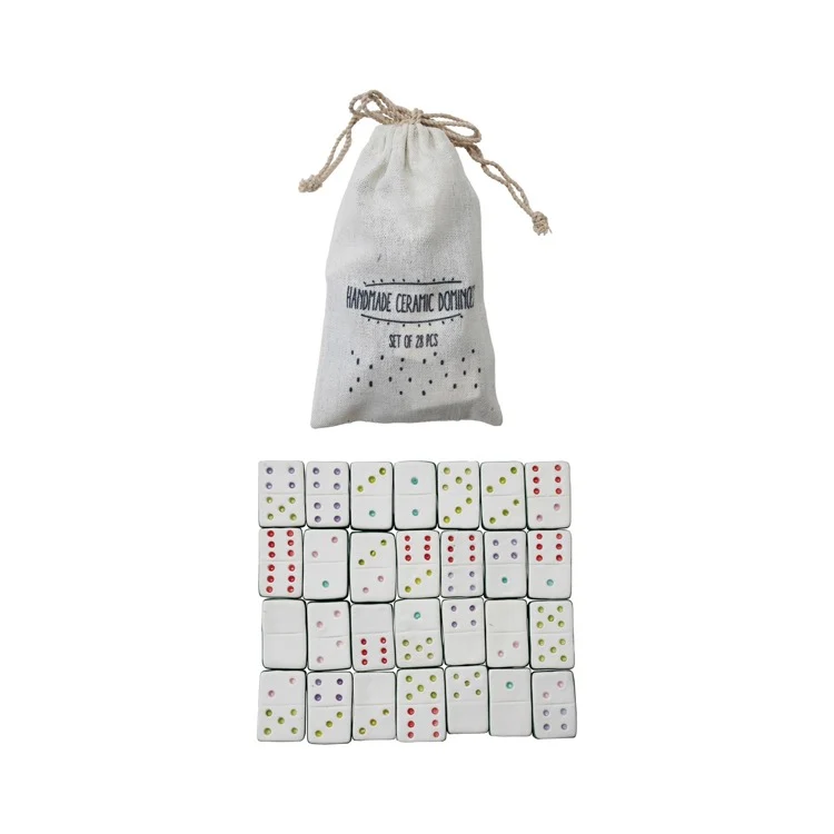 Set of 28 ceramic dice with a drawstring bag labeled 'Handmade Ceramic Dice' on a white background.