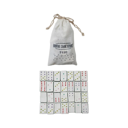 Set of 28 ceramic dice with a drawstring bag labeled 'Handmade Ceramic Dice' on a white background.