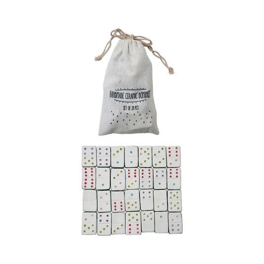 Set of 28 ceramic dice with a drawstring bag labeled 'Handmade Ceramic Dice' on a white background.
