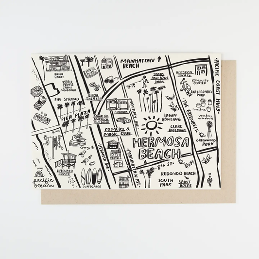 Illustrated map of Hermosa Beach on a card with a beige background