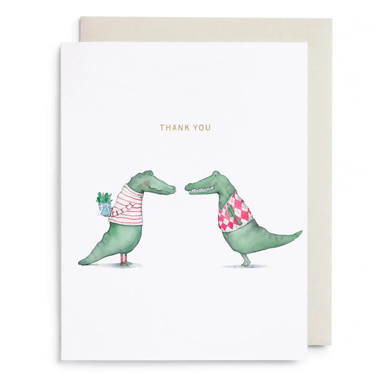 Greeting card with two cartoon alligators wearing shirts and holding drinks, with 'Thank You' text.