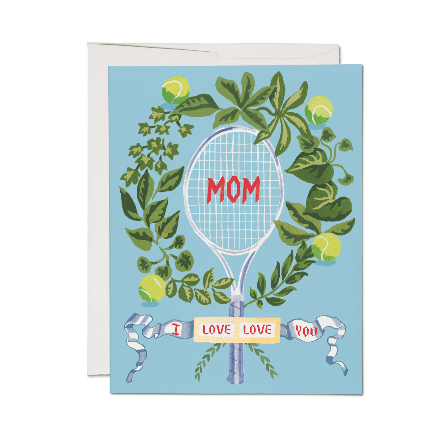 Greeting card with a tennis racket and leaves on a blue background