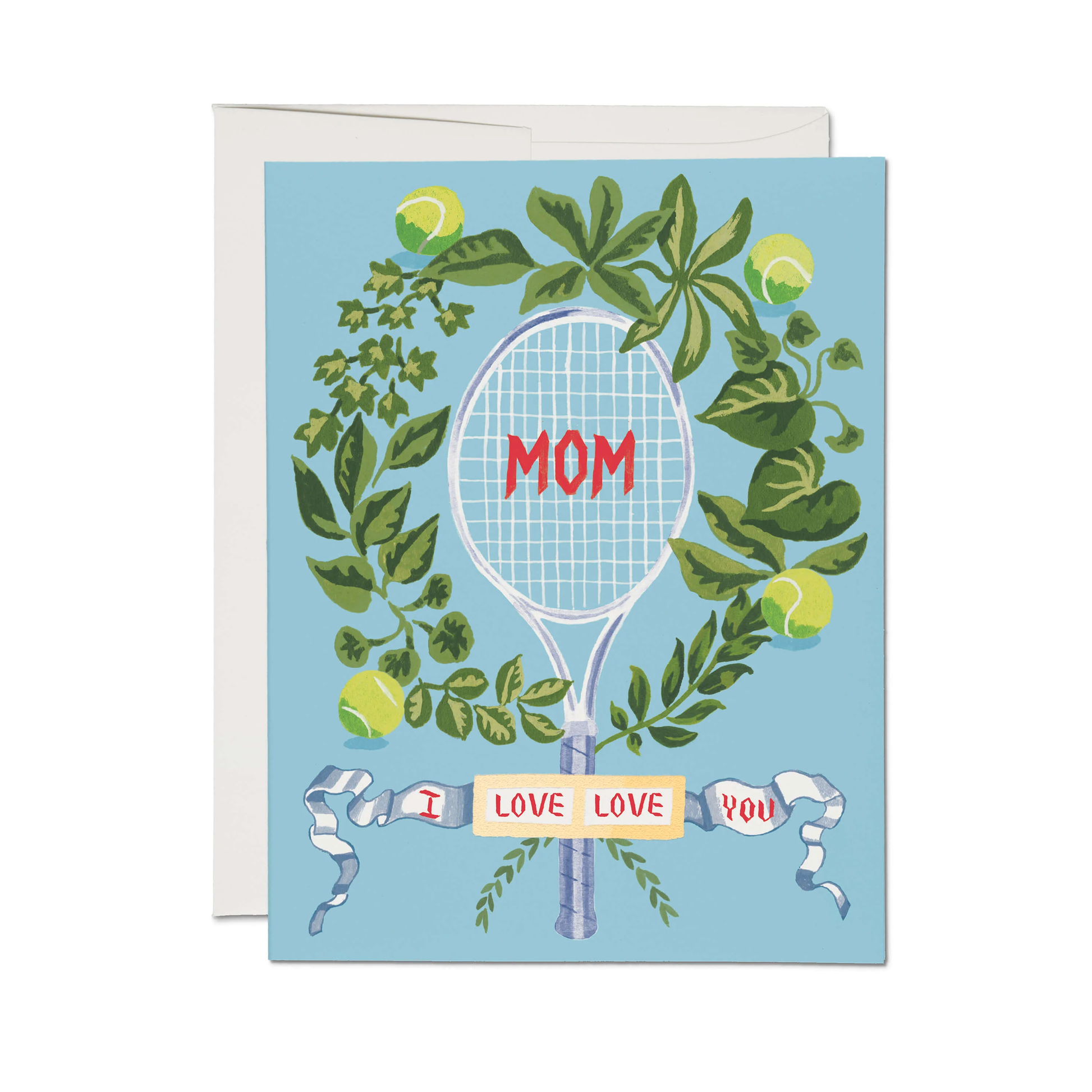 Greeting card with a tennis racket and leaves on a blue background
