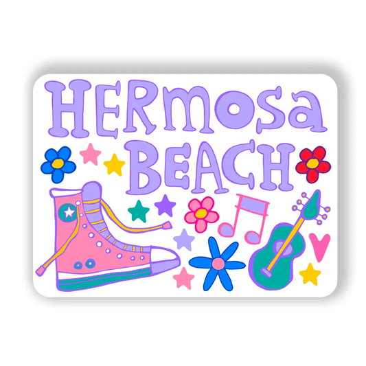 Colorful illustration of 'Hermosa Beach' with a pink shoe, guitar, and flowers on a white background.