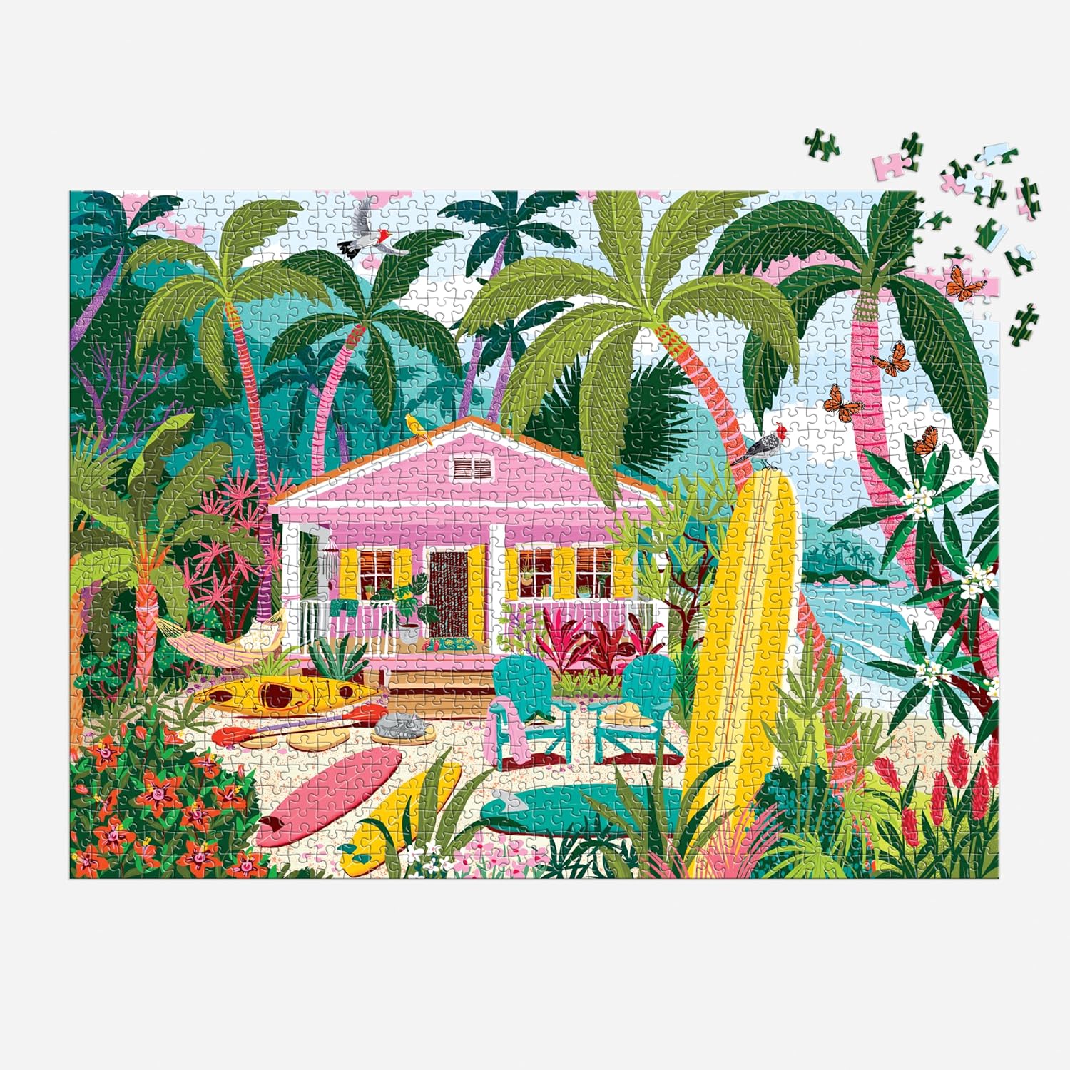 Colorful illustration of a tropical house with palm trees and beach items.