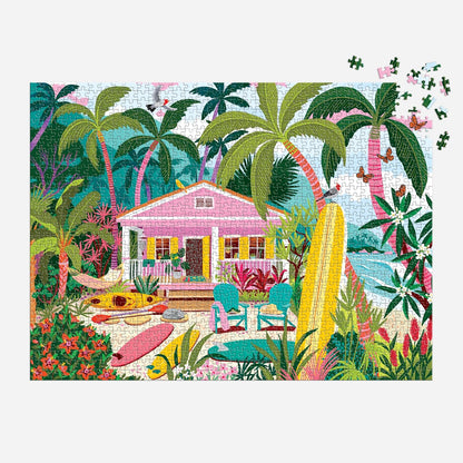 Colorful illustration of a tropical house with palm trees and beach items.
