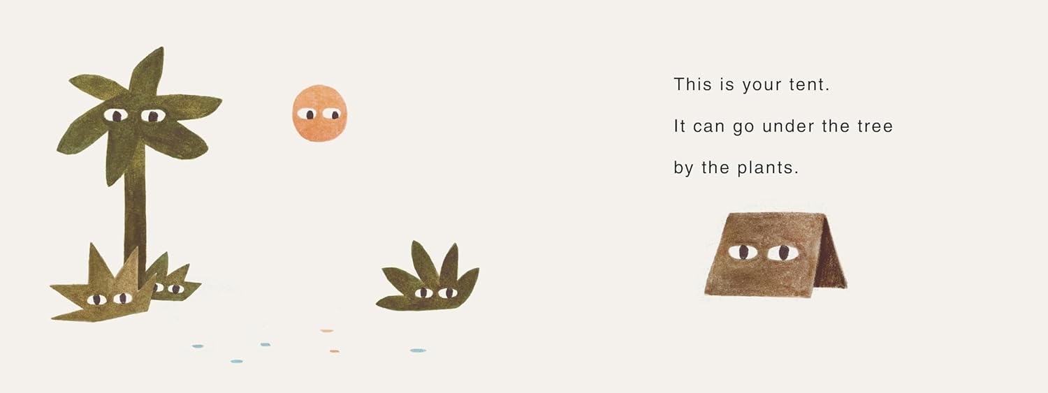 Illustration of a tent with eyes, trees, and a sun on a white background