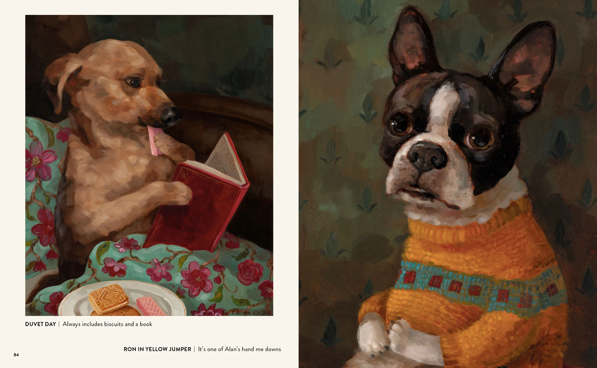 Two illustrations of dogs: one reading a book and the other wearing a sweater.