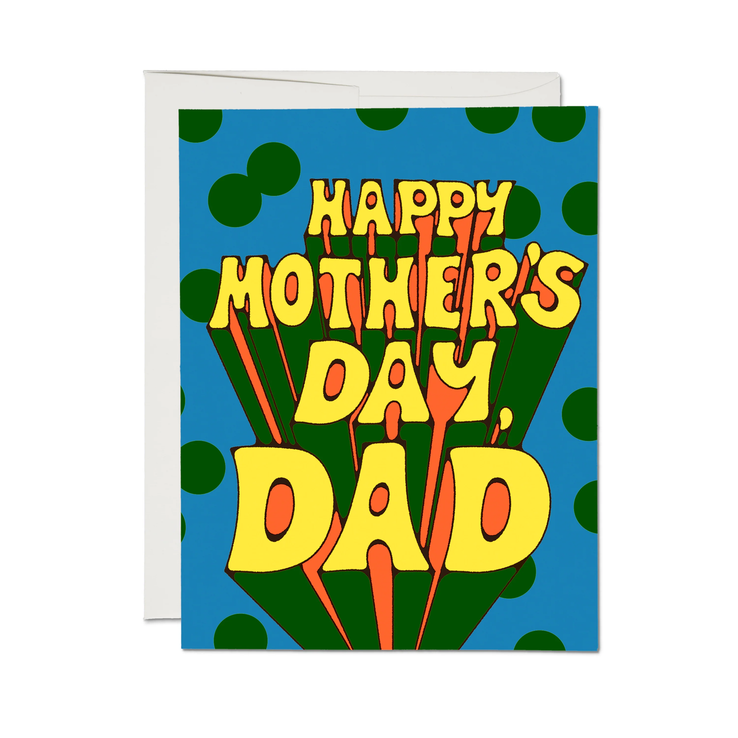 Greeting card with 'Happy Mother's Day, Dad' text on a blue and green polka dot background