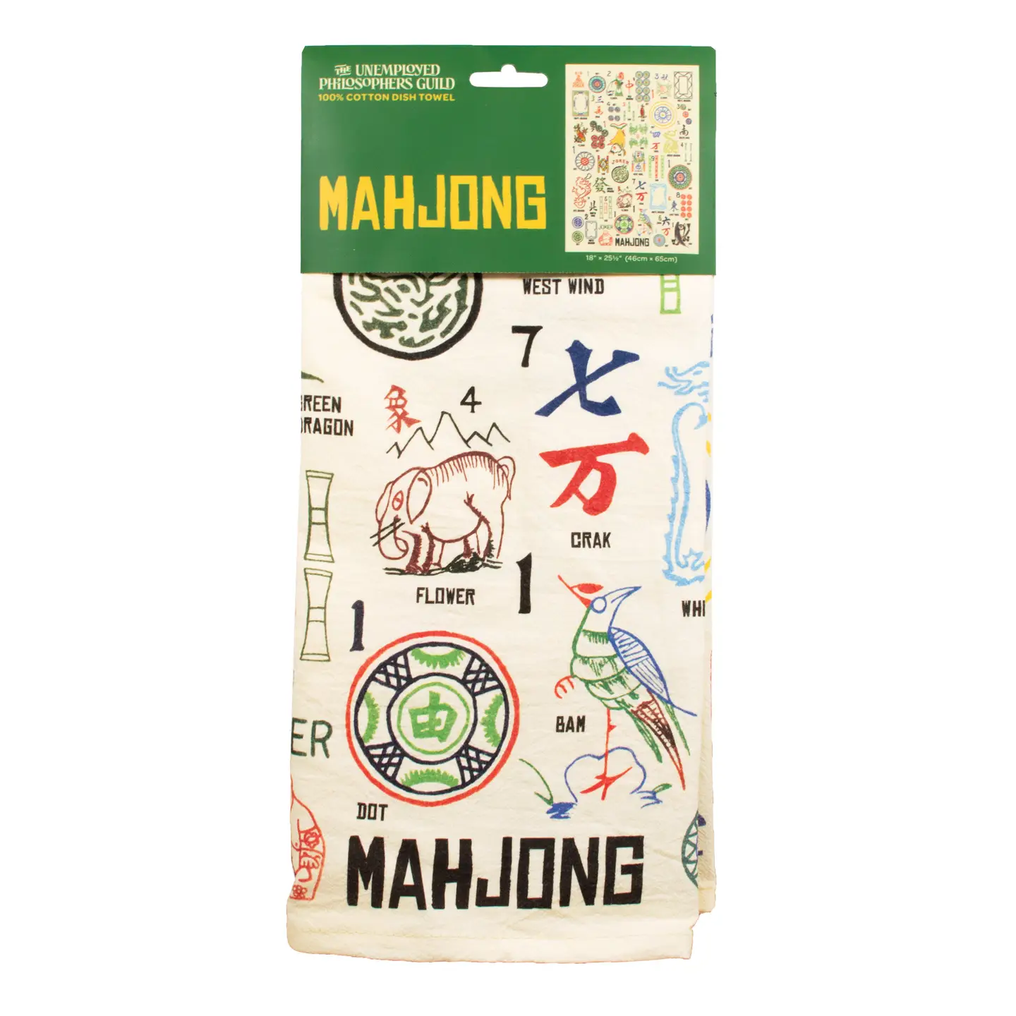 Packaged Mahjong dish towel with colorful graphics on a white background