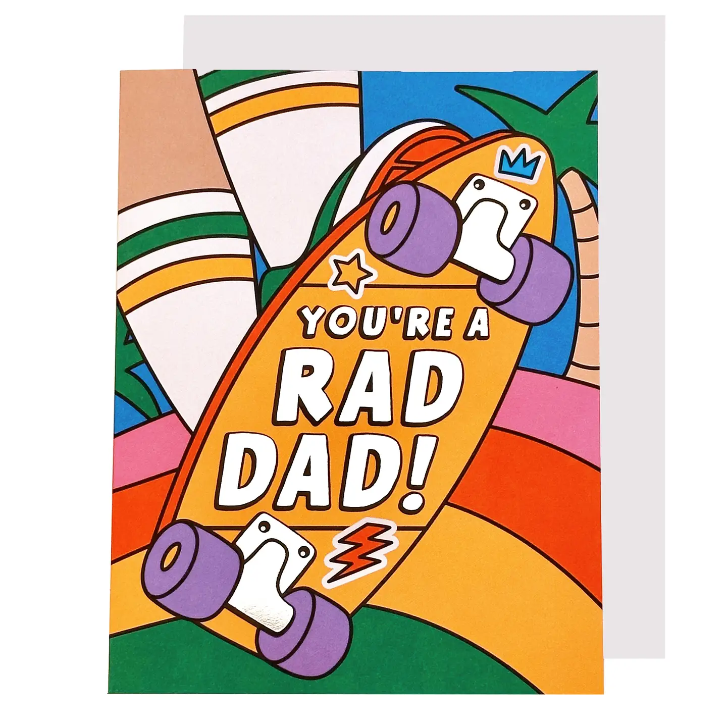 Colorful greeting card with 'You're a Rad Dad!' text and graphic design.