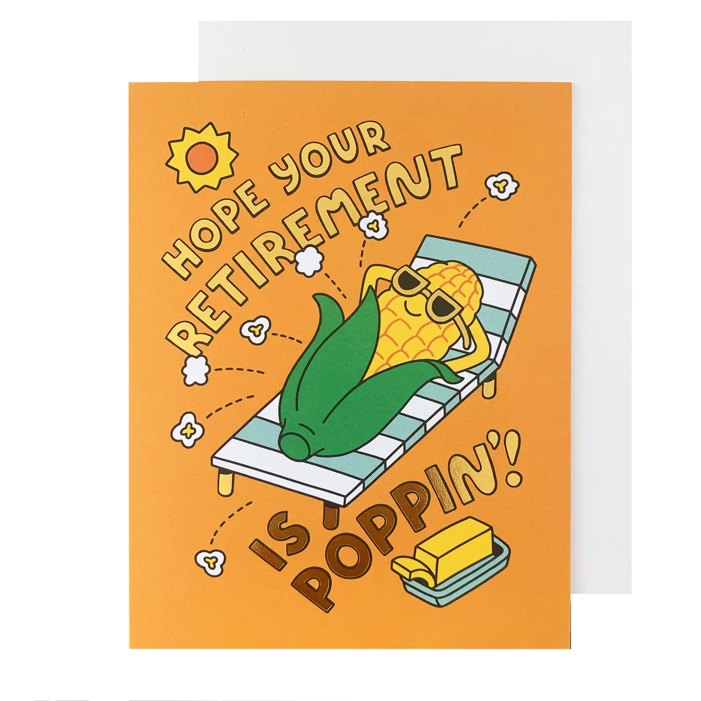 Greeting card with pineapple character on a lounge chair and text 'Hope your retirement is poppin!'