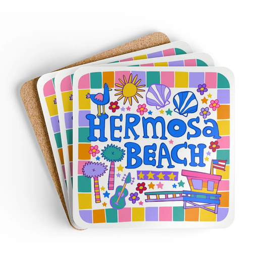 Colorful Hermosa Beach-themed coasters with beach elements on a white background