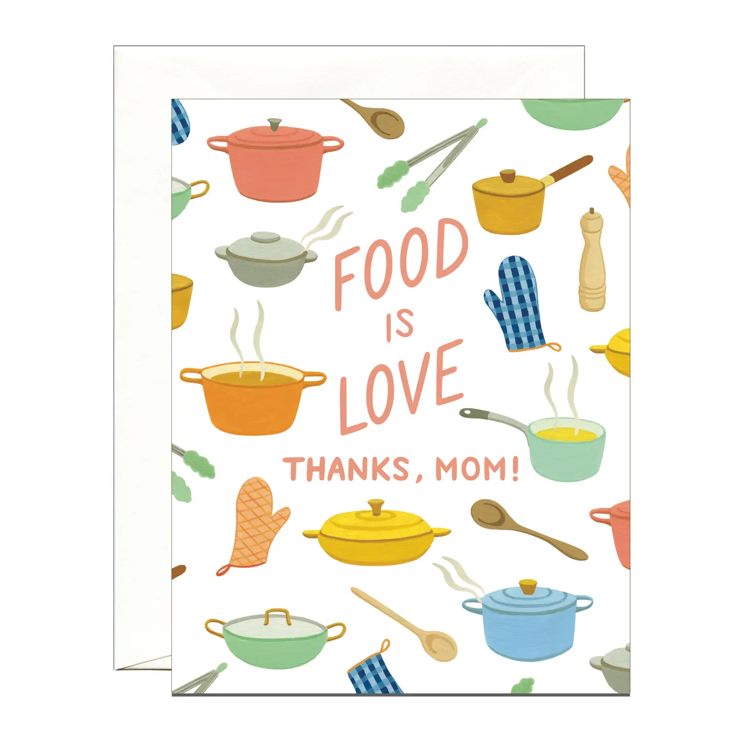 Greeting card with kitchen-themed illustrations and 'Food is Love Thanks, Mom!' text.