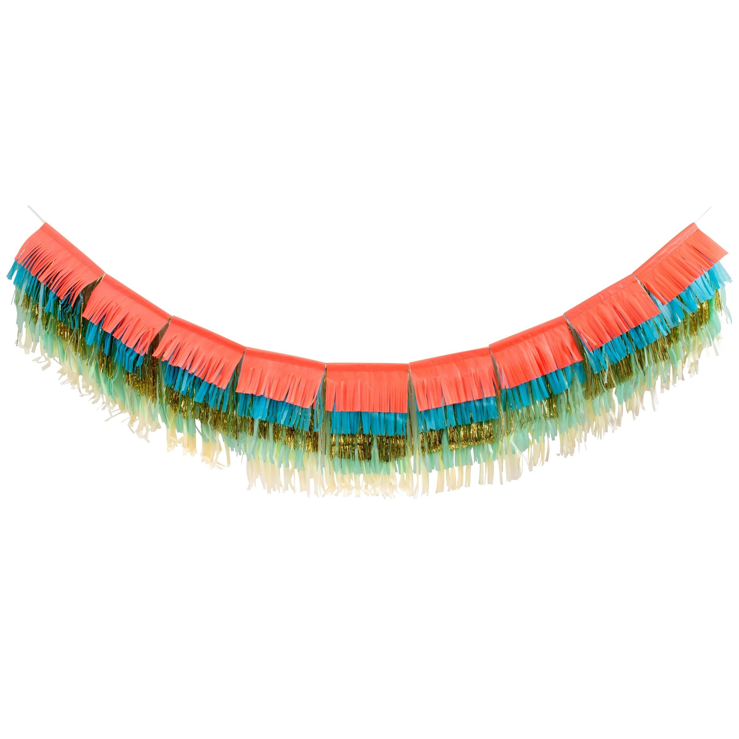 Decorative fringe trim with red, green, and blue colors on a white background