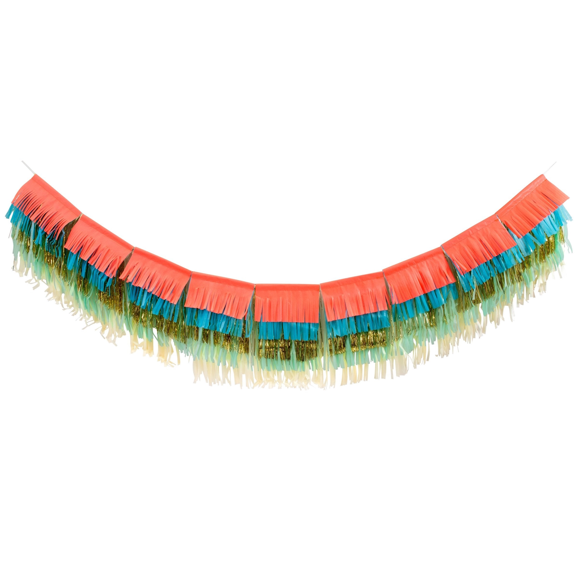 Decorative fringe trim with red, green, and blue colors on a white background