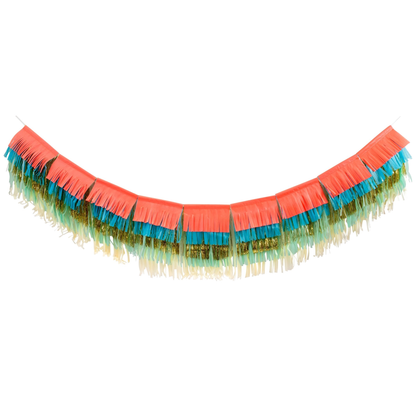 Decorative fringe trim with red, green, and blue colors on a white background