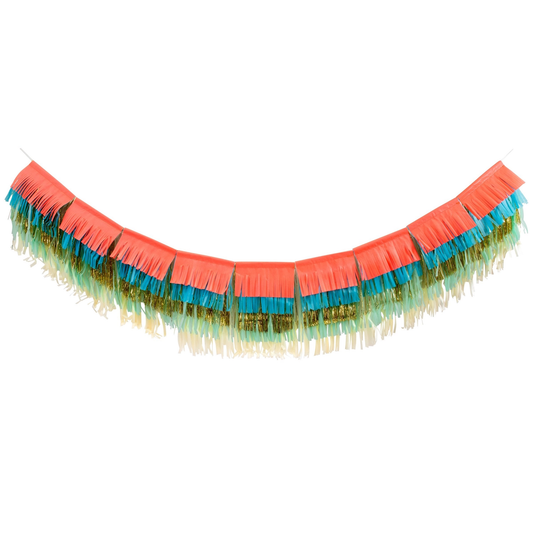 Decorative fringe trim with red, green, and blue colors on a white background