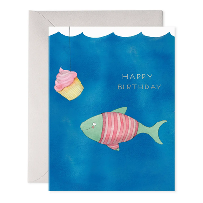 Birthday card with fish and cupcake illustration on a blue background
