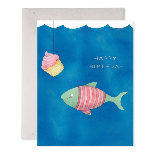 Birthday card with fish and cupcake illustration on a blue background
