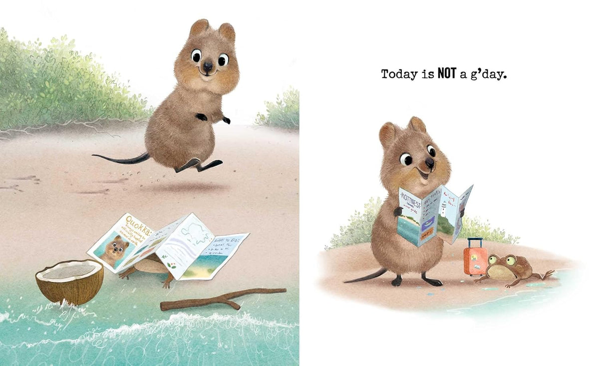 Illustration of a quokka reading a book by the beach with text 'Today is NOT a g'day'.