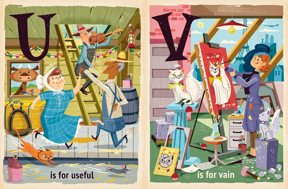 A children's educational book or poster page showing two illustrated scenes under the letters U and V. The left panel, labeled 'is for useful,' shows people working together in a workshop with tools and animals.