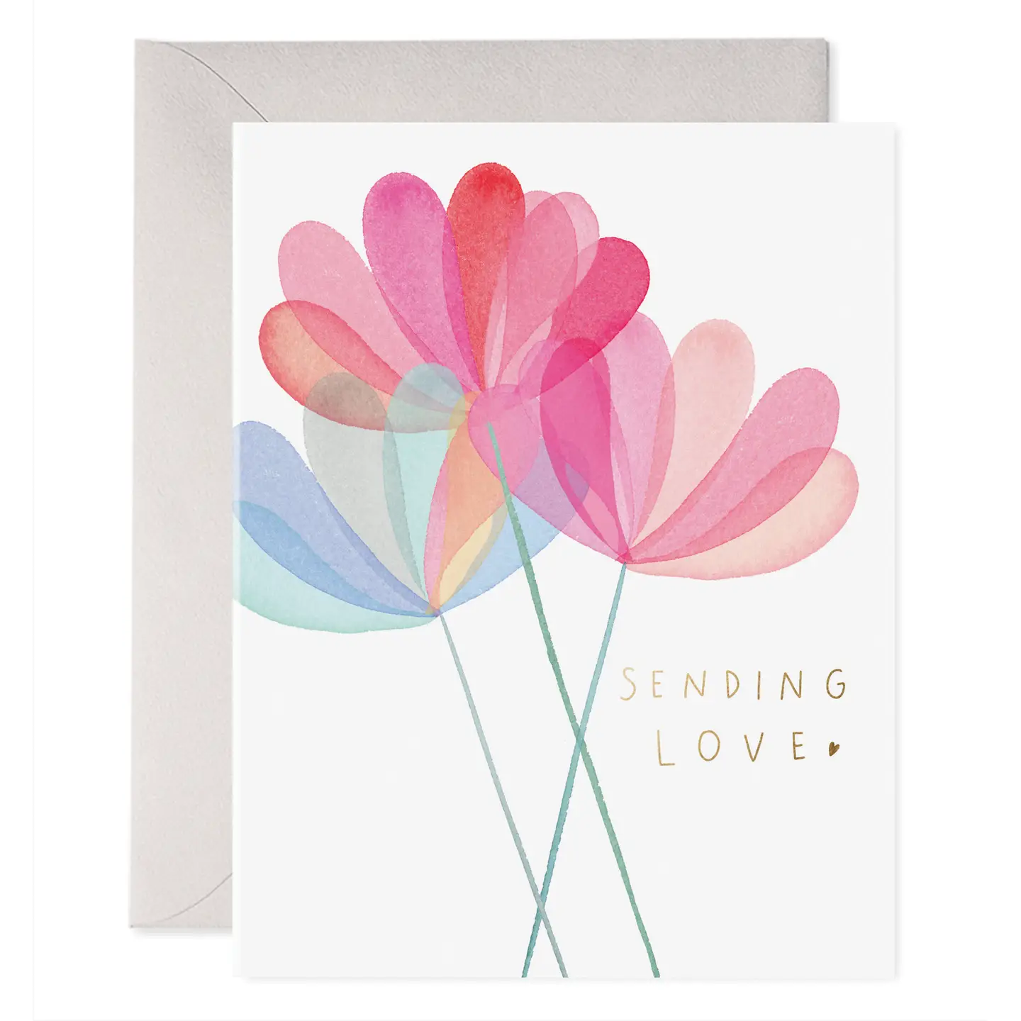 Greeting card with colorful tulip design and 'Sending Love' text on a white background.