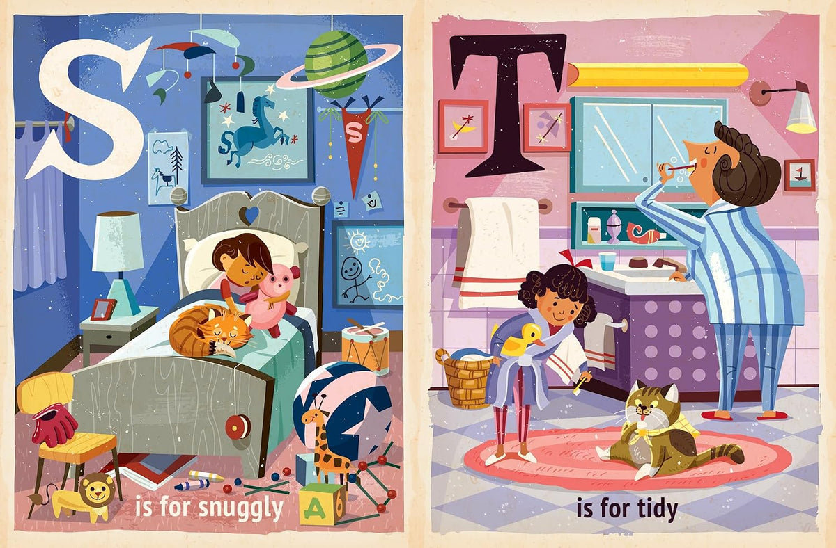 A children's educational poster or art print featuring two illustrated bedroom scenes side by side, starting with the letter 'S'. The left scene shows a child in bed with an orange cat and the text 'is for snuggly', while the right scene shows a child and a parent brushing teeth in a bathroom with the text 'is for tidy'.