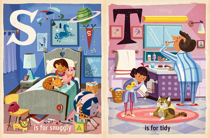 A children's educational poster or art print featuring two illustrated bedroom scenes side by side, starting with the letter 'S'. The left scene shows a child in bed with an orange cat and the text 'is for snuggly', while the right scene shows a child and a parent brushing teeth in a bathroom with the text 'is for tidy'.