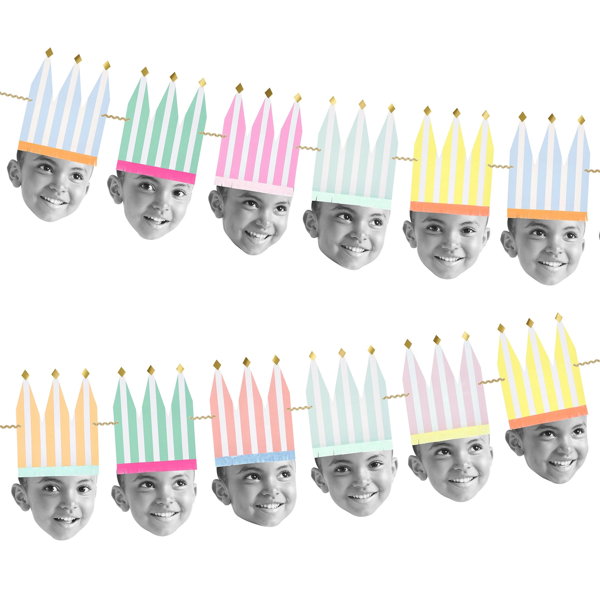 A party banner garland featuring repeated crown shapes in pastel blue, mint, pink, yellow, and peach, each with a black-and-white photo of a smiling child's face attached below the crown.