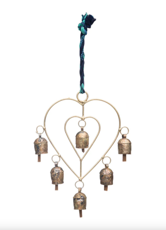 Heart Wind Chime with Bells w/ Upcycled Sari Fabric