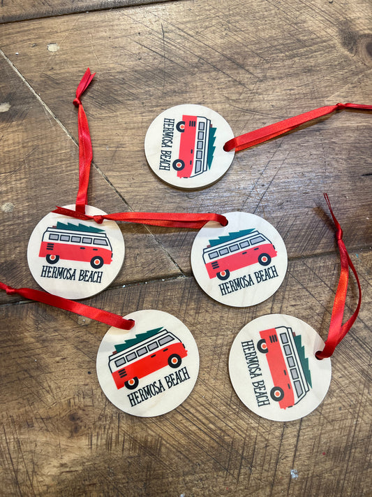 Wood Hermosa Beach Bus Ornament
